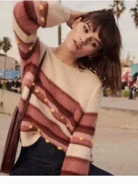 EUC Sezane Penelope Pom Pom Mohair Merino Wool Blend Sweater in Cream & Pink S